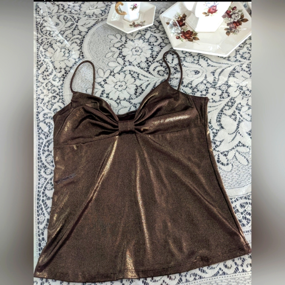 Retro Y2K Brown Shimmer Bow Top Blouse Metallic Disco Party Festival Wedding